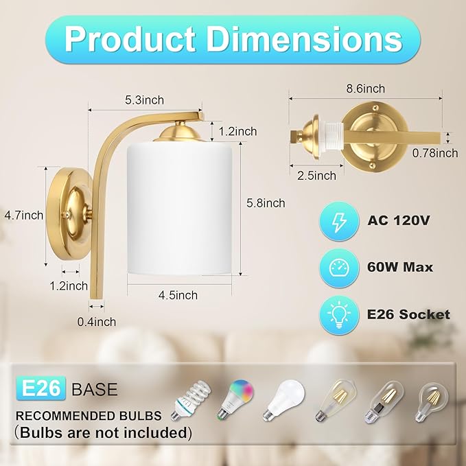 CANMEIJIA Gold Wall Light Fixtures, Wall Sconce 1 Light, Gold Wall Lamp Bathroom Vanity Lightting for Mirror Bedroom Hallway Kitchen Porch, Milky White Glass Shades, E26 Socket, Bulbs Not Included