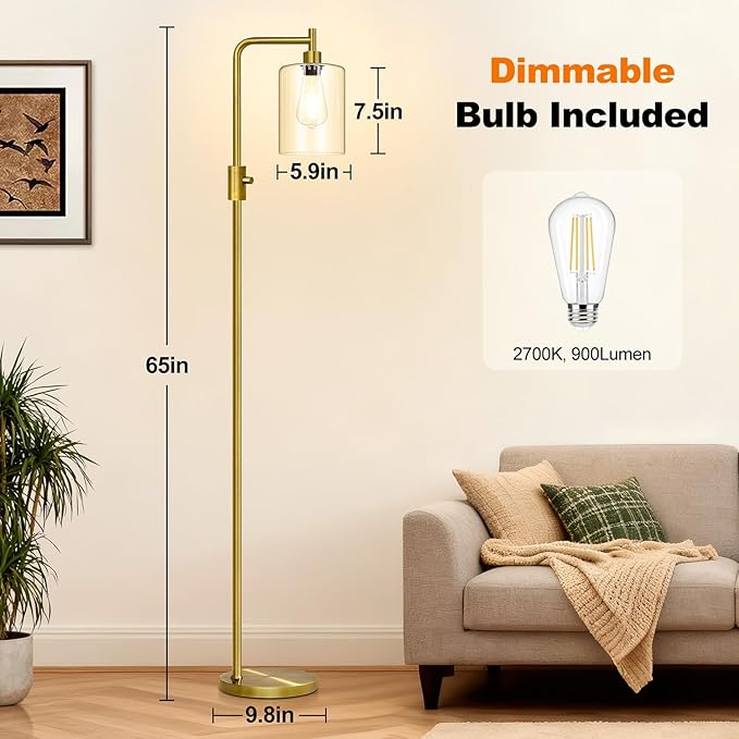 【Upgraded】Dimmable Floor Lamp for Living Room with Clear Glass Lampshade, Brass Modern Floor Lamp with 900LM Edison Bulb Included, Bright Standing Tall Lamp for Bedroom, Office, Reading Room, Corner