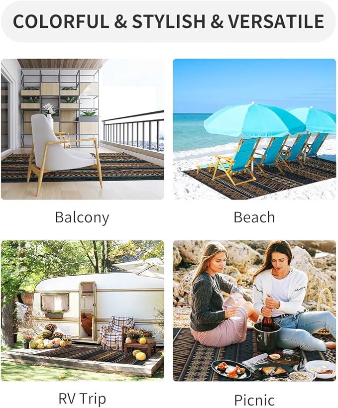 MontVoo Outdoor Rug Carpet 8x10 Waterproof-Patio Rug Mat Reversible RV Camping Rug Picnic Mat Plastic Straw Outside Rug for Balcony Porch Deck Beach-Boho Outdoor Area Rug for Patio Decor Colorful