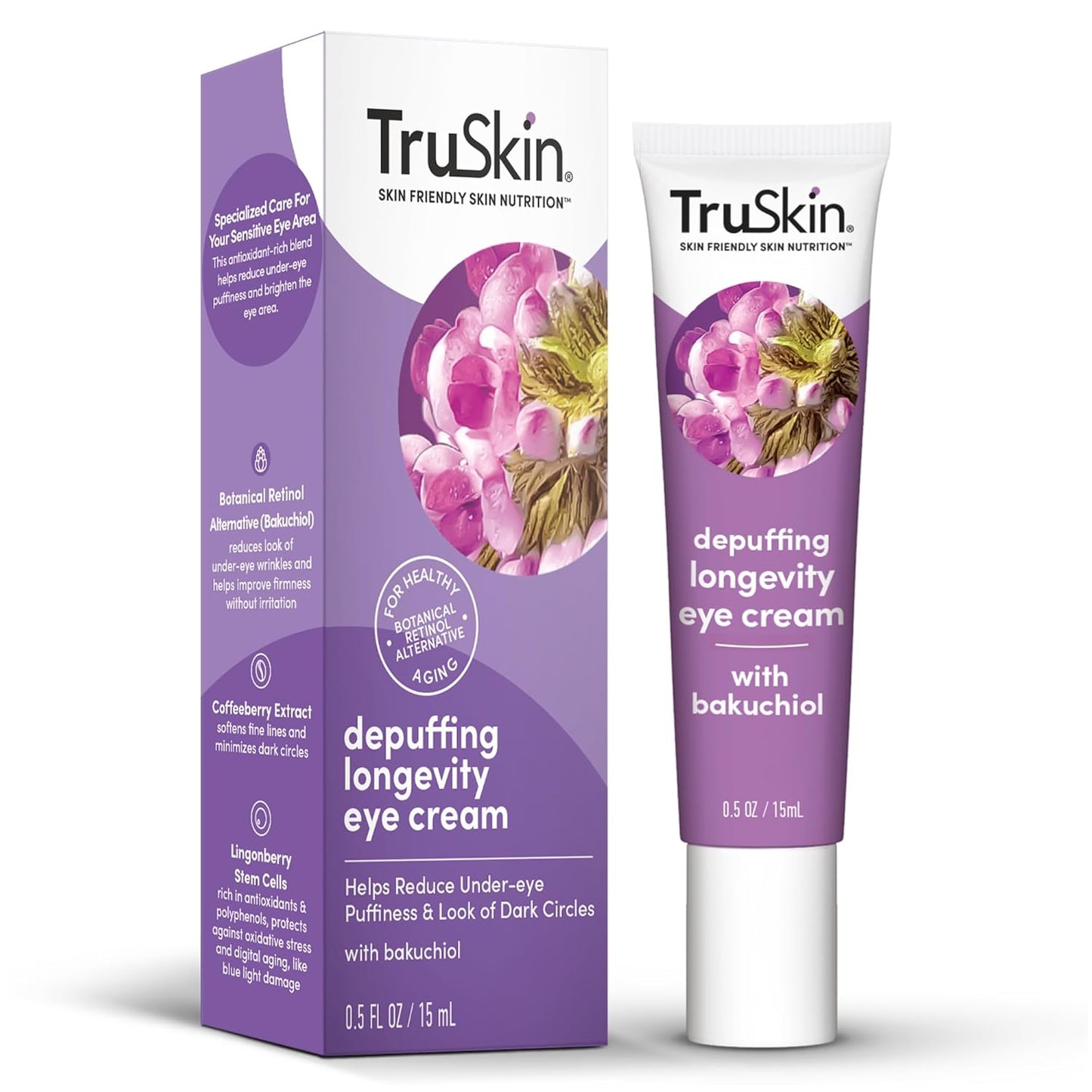 TruSkin Longevity Eye Cream â Caffeine Eye Cream with Bakuchiol, Lingonberry Stem Cells & Coffeeberry Extract â Skin Care Made to Help Transition from Anti Aging to Healthy Aging, 0.5 fl oz