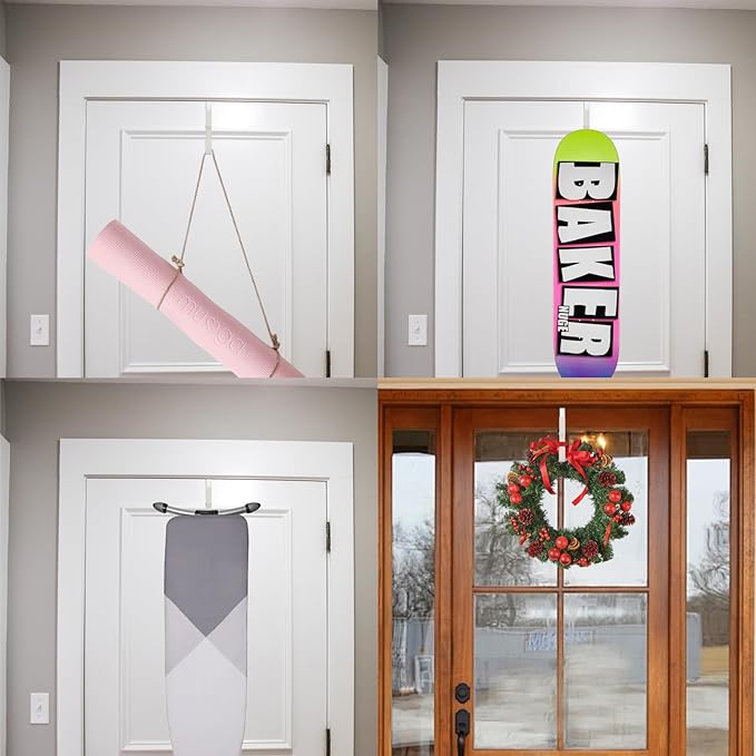 2 Pack Over The Door Hooks(L=7"), Over Door Hanger, Heavy Duty No Drill Hanger for Towels, Coats, Hats, Bags in Bathroom, Bedroom, Kitchen, Living Room-White