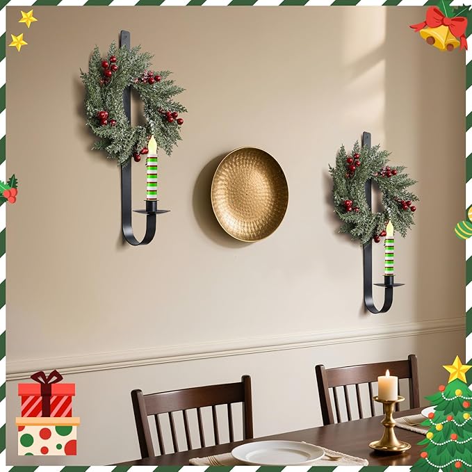 2 Set Christmas Metal Wall Candle Sconce Holder Wall Mount Candle Holder with Berry Wreath for Farmhouse Living Room Entryway Fireplace Bedroom Bathroom Decor, Only Applicable to LED Candles