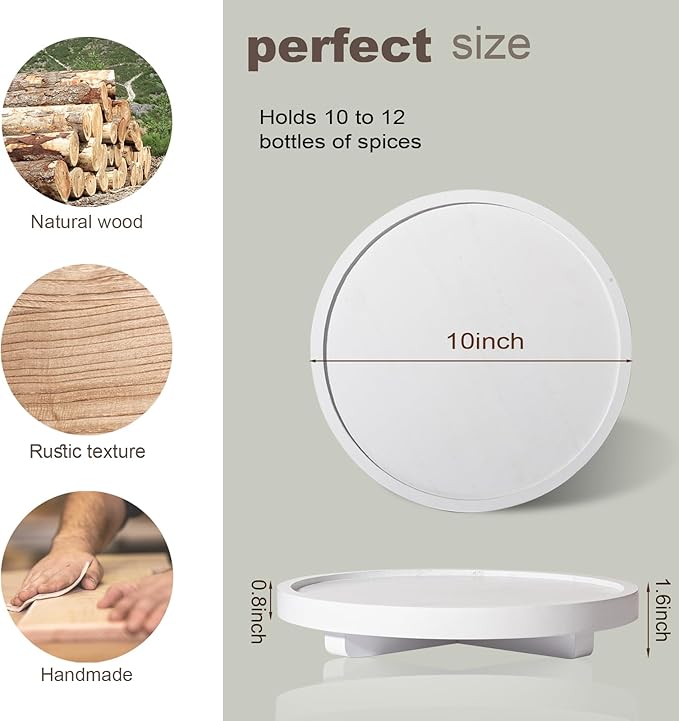 Round Decorative Tray Wood Bathroom Counter Organizer Farmhouse Kitchen Decor Wooden Riser for Soap Dish, Perfume, Candle, Sponge, 10" - White