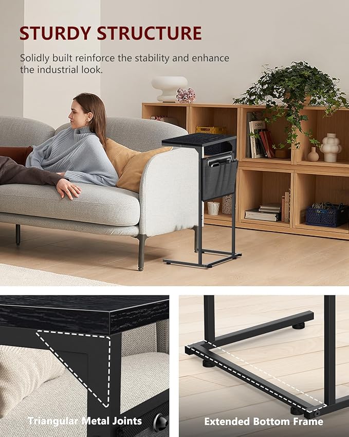 Vantic C Shaped End Table, Small Side Table for Couch and Recliner, Slide Under Sofa Tray Desk with Storage Bag for Living Room and Bedroom, Black