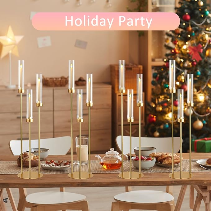Vincidern 20pcs Gold Candelabra with Acrylic Lampshade, 3 Arm Taper Candle Holder, 33.8 in Tall Metal Candlestick for Table Centerpieces, Halloween, Christmas, Wedding Decor