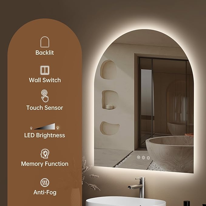 Arched Backlit Mirror Bathroom 30"x36"- Frameless LED Bathroom Mirror with Lights, Fogless, Dimmable, 3 Color Changing, Shatterproof, Touch Sensor