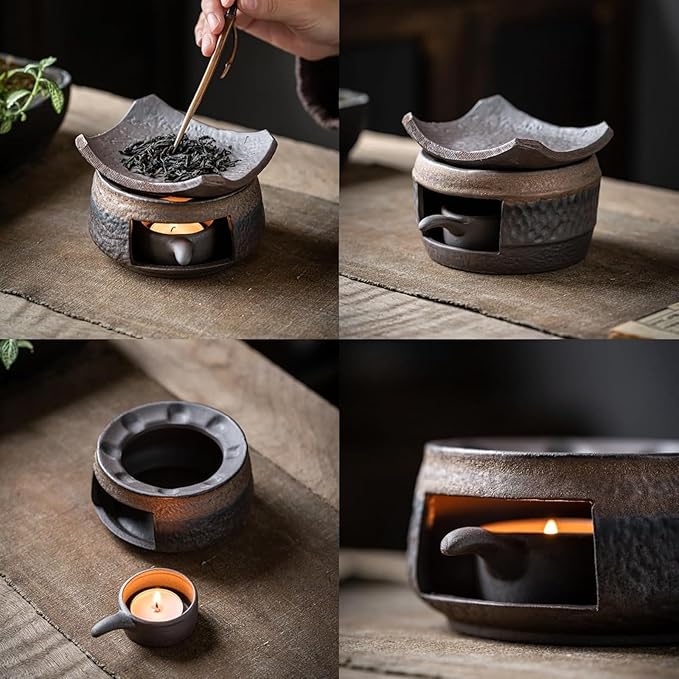 Ceramic Tea Stove Warmer Set, Aromatherapy Burner, Handmade Ceramic Candle Wax Melts Warmer with Tealight Holder, for Meditation (A)