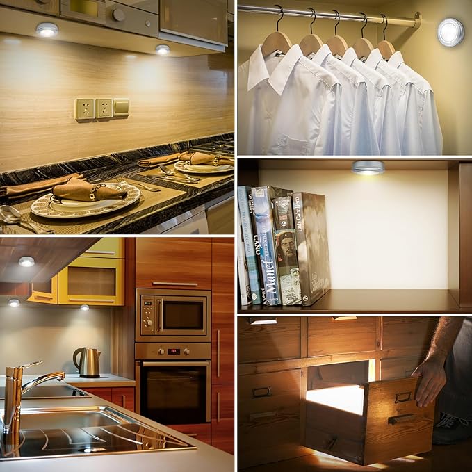 LUXSWAY Puck Light, LED Tap Light Push Lights, Battery Operated Stick On Night Light, Portable Under Cabinet Lights and Counter Lighting for Kitchen Sink, Shelf, 3-Pack, Silver