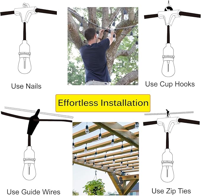 Outdoor String Light 48FT LED Heavy-Duty Patio Lights String Linkable with Shatterproof 15 LED Bulbs for Outside Cafe Porch Market String Lights