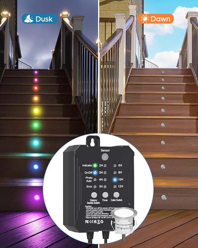 HIBOITEC RGB Deck Lights Kit with Low Voltage Transformer Timer and Photocell Sensor Outdoor IP67 Waterproof for Garden Yard Stair Patio 10 Packs
