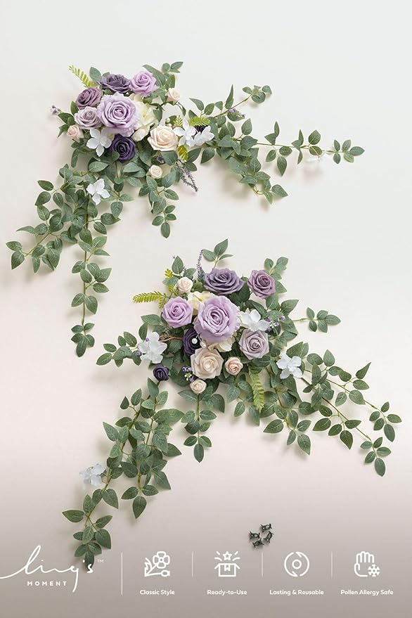 Ling's moment 2pcs Wedding Flowers Garland Artificial Floral Swag Arch Decorations Greenery Arrangements Lilac & Gold Ceremony Reception Garden Easel Wall Home Entryway Outdoor NOT Include Sign