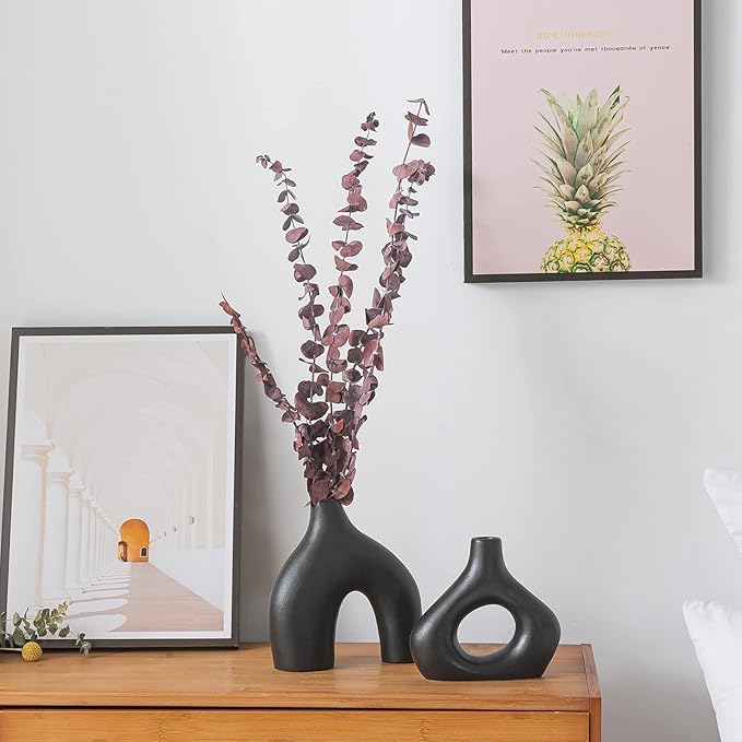 BLACK Ceramic Vase Set of 2 for Modern Home Decor, Round Matte Donut Vases for Pampas Grass, Neutral Boho Nordic Minimalism Style Flower Vases for Living Room Wedding Dinner Table Party Office Bedroom