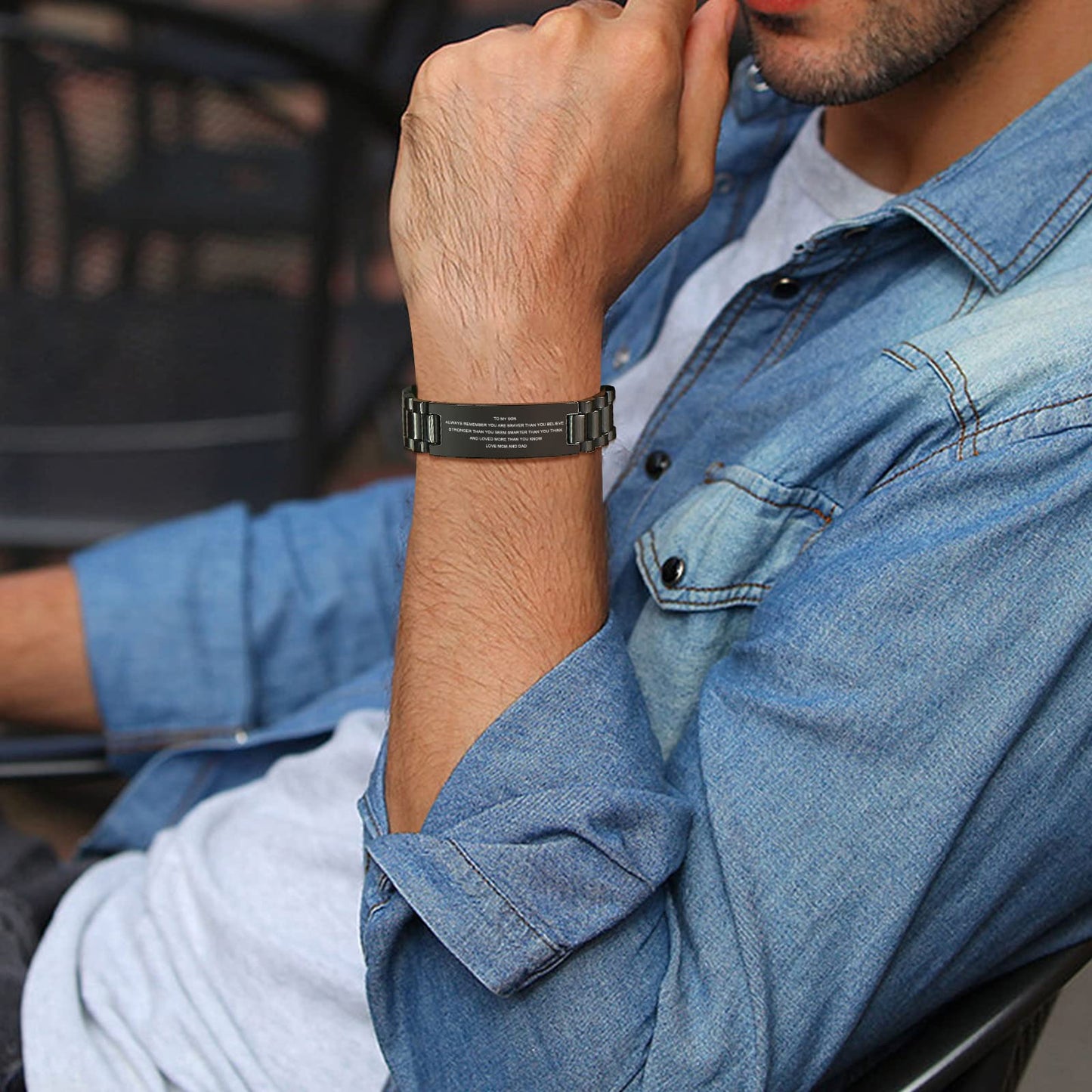 MEALGUET Stainless Steel to My Son Love Dad and Mom Courage Inspirational Wristband Link Bracelets, Graduation Birthday Gifts to Son
