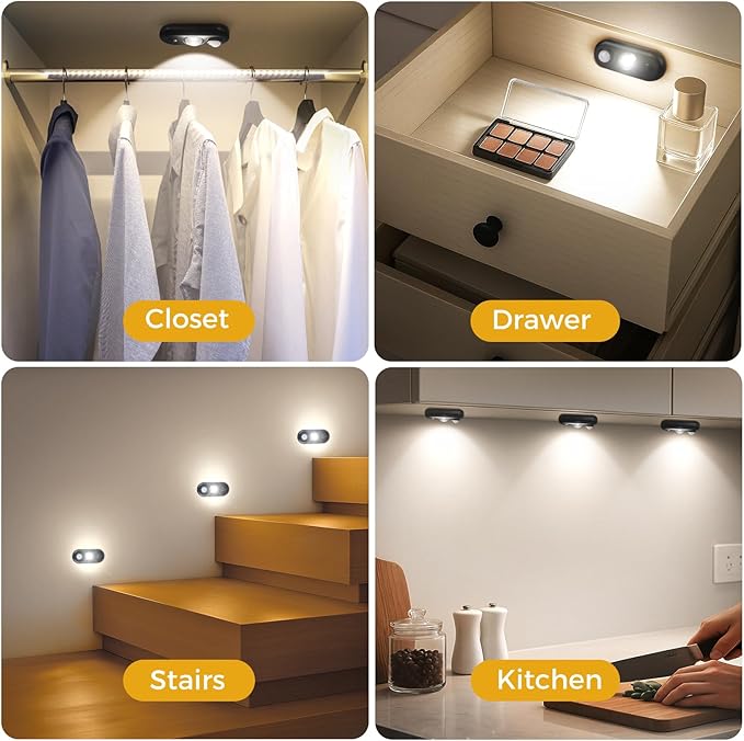 LED Motion Sensor Puck Lights, Small Rechargeable Under Cabinet Light, Dimmable Daylight White Closet Lights, Wireless Under Cabinet Lighting for Drawer, Kitchen (8 Pack, Black)