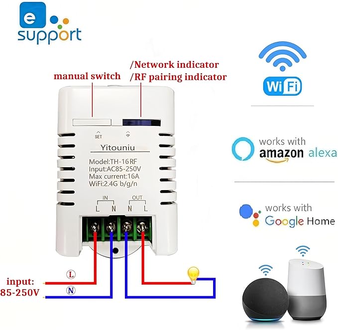 eWeLink WiFi Smart TH16 Switch 16A Temperature and Humidity Controller, Wireless Remote Control with Energy Consumption Monitoring, Compatible with Alexa Google Home