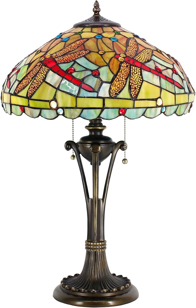 Tiffany Table Lamp Green Red Stained Glass Desk Lamp 16X16X24 Inches Dragonfly Style Reading Light