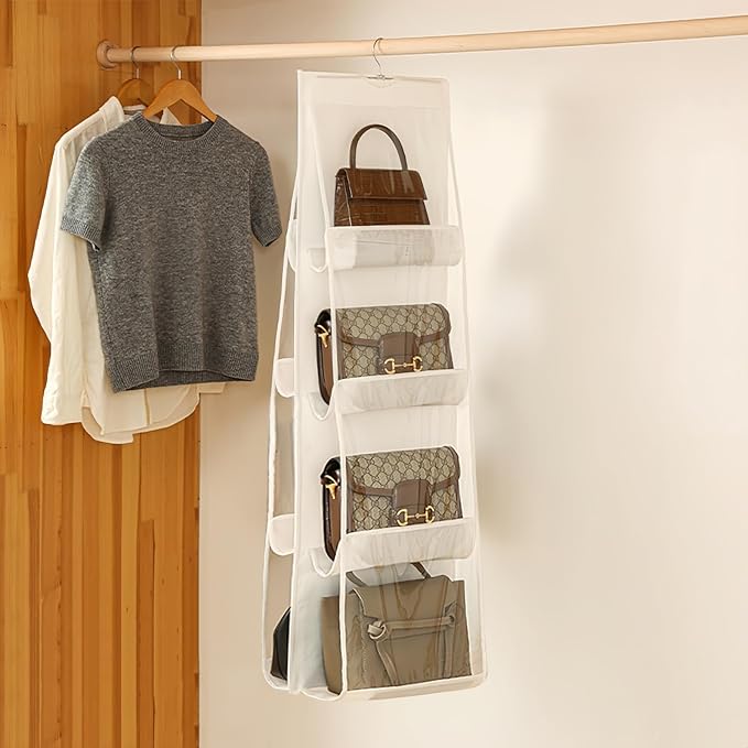 HAN SHENG 8 Pockets Clear Handbag & Purse Organizer Hanging Bag Storage - Space Saving Hanging Shelf for Closet, Wardrobe, Over Door (2 Pack, White)