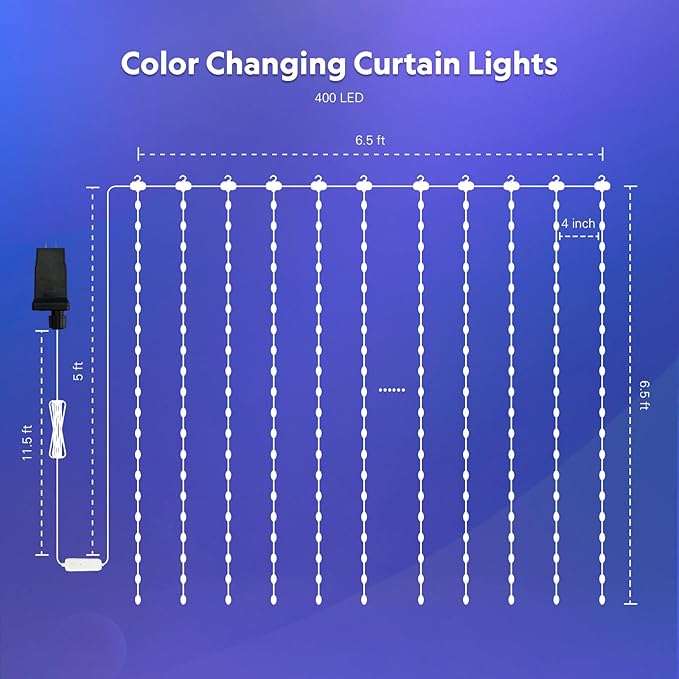 JMEXSUSS App-Controlled Color Changing Curtain Lights, 400 LED RGB String Lights for Halloween, Bedroom, Window, Wall, Party, Backdrop, Christmas, Indoor, and Outdoor Decorations, 6.5x6.5ft