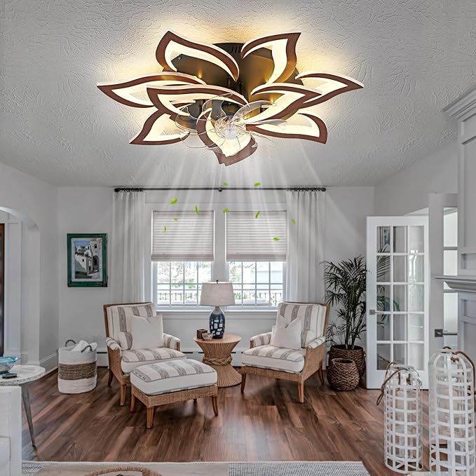 Modern Ceiling Fan with Light and Remote, Low Profile Ceiling Fans with Lights, 32 Inch Flush Mount Ceiling Fan with 3 Light Color 6 Speeds, Fandelier Ceiling Fans for Living Room (Malnutcolor)