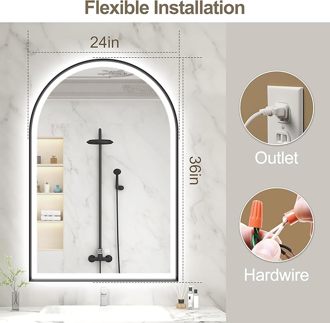 S'bagno 24x36 Arched Black LED Mirror for Bathroom with Frontlit & Backlit, LED Bathroom Mirror with Metal Frame, Anti-Fog, Stepless Dimmable, 3 Color Temperature Vanity Mirror