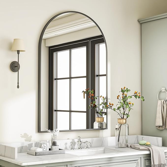 VooBang Arched Wall Mirror, 32 x 48 inch Arch Bathroom Mirror, Wall Mounted Vanity Mirror with Arch Metal Frame, Modern Bathroom Vanity Mirror for Bedroom, Living Room, Hanging or Leaning, Black