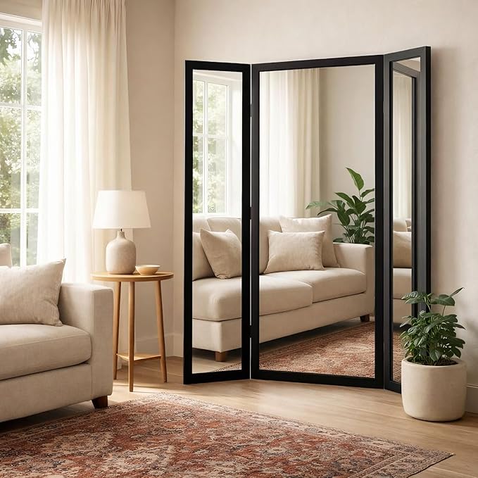 3 Way Mirror Full Length with Tempered Glass, 71"x67" Oversized Bridal Triple-Fold Floor Mirror with Wood Frame, Decorative Trifold Mirror for Home,Wedding Dress/Clothing Shop/Bedroom/Closet (Black)