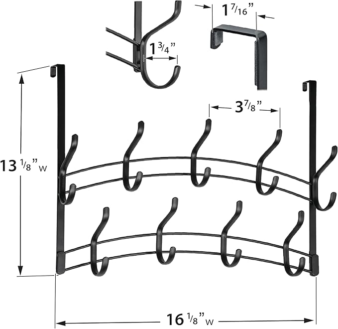 LYNK Professional® Home™ Over The Door Hooks - 18 Hook Over The Door Hanger - Over Door Coat Rack - Hanging Towels or Clothes - Bathroom, Bedroom or Laundry Room - Lifetime Ltd. Warranty – Black