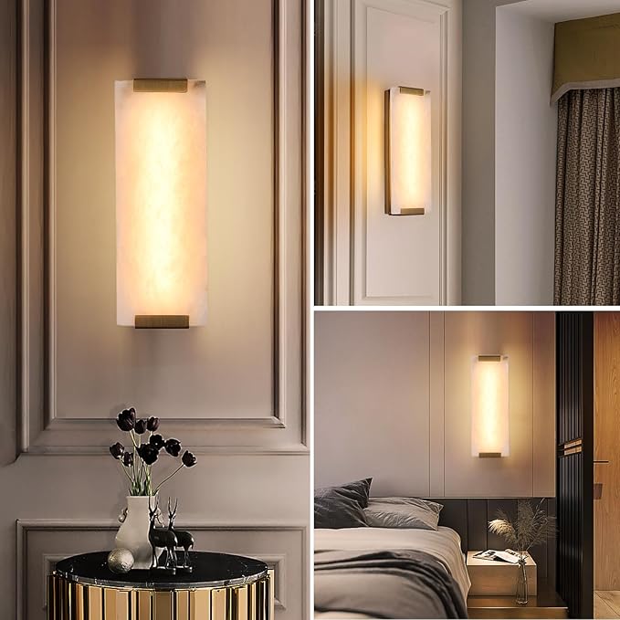 14.2in Alabaster Wall Sconce, Large Natural Marble Wall Light Decor, LED Modern Wall Lamp for Bedroom, Stairs, Living Room, Vanity, Bedside, Hallway (Brushed Bronze 12W)