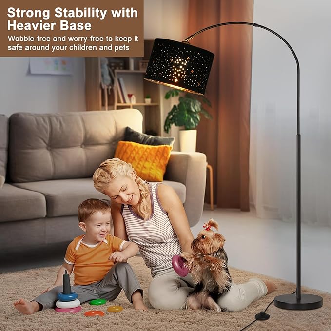 Modern Arc Floor Lamp, Tall Pole Lamp with Black Stars Lampshade, Arched Reading Light with Adjustable Lamp Head, Over Couch Hanging Light Corner Lamp for Living Room, Bedroom, Office, Black