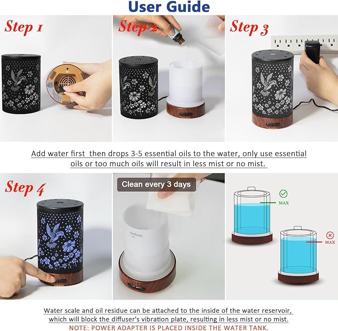 Essential Oil Diffuser Aromatherapy Diffuser - Metal Aroma Diffuser for Home 150ml Ultrasonic Cool Mist Diffuser with 7 Colors Light Auto Shut-Off Protection for Home Office Decor & Gift(Hummingbird)