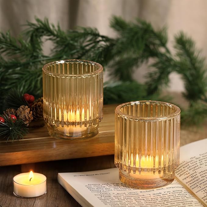 DEVI 8pcs Large Gold Votive Candle Holders for Wedding Centerpieces, Glass Tea Lights Candle Holder Decor, Wedding Bridal Shower Party Table Decor, Vintage Boho Easter Decor for Table