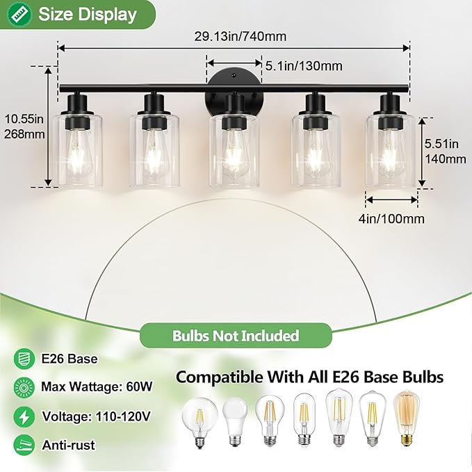 5-Light Bathroom Light Fixtures, Black Modern Vanity Lights with Clear Glass Shade, Bathroom Wall Lamp for Mirror Kitchen Living Room Hallway Cabinet Porch