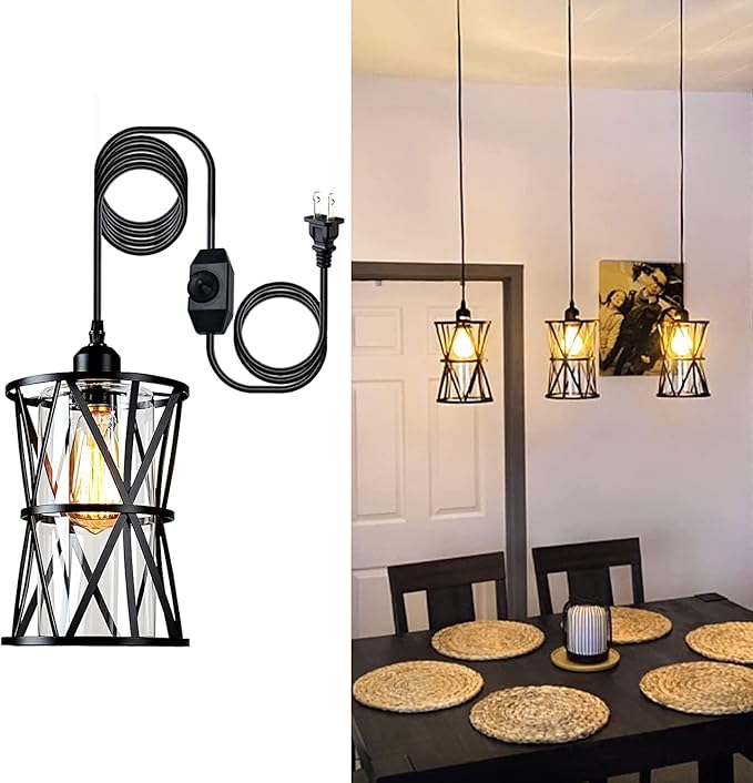 HMVPL Farmhouse Plug in Pendant Light, Outdoor Swag Lamp with Plug in Cord On/Off Dimmer, Plug in Hanging Light Fixture for Dining Room Bedroom Kitchen Island(1 Pack)