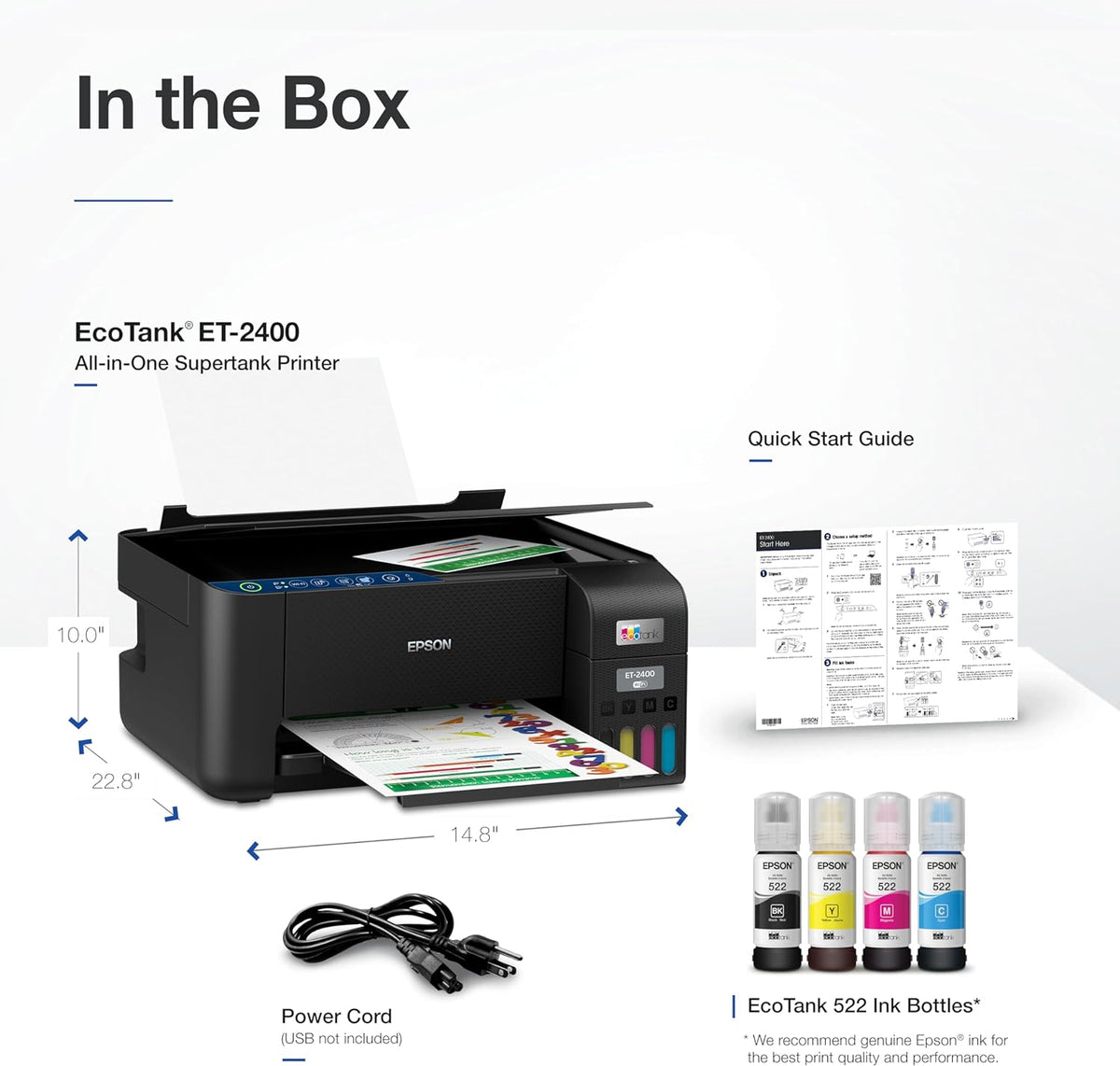 Epson EcoTank ET-2400 Wireless Color All-in-One Cartridge-Free Supertank Printer with Scan and Copy – Easy, Everyday Home Printing, Black