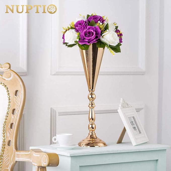 Pcs of 10 Fake Flower Ball Arrangement Bouquet,15 Heads Plastic Roses with Base, Suitable for Our Store's Wedding Centerpiece Flower Rack for Parties Valentine's Day Home Décor (Purple & White)