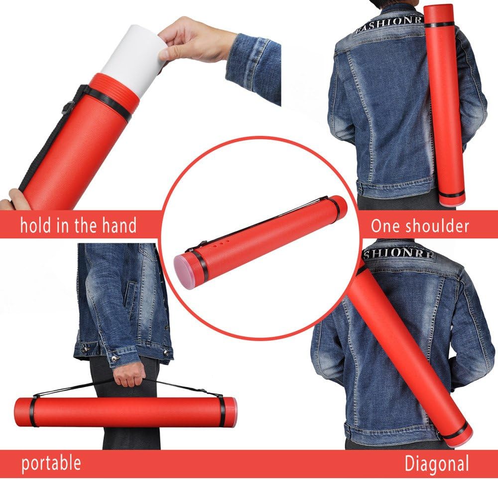 DEWEL Document Tube,Plastic Expanding Poster/Art/Document Storage Tube 24.5 to 40 inches Adjustable with Carrying Strap Waterproof and Light-Resistance Telescoping Carrying Case (Red-Large Size)