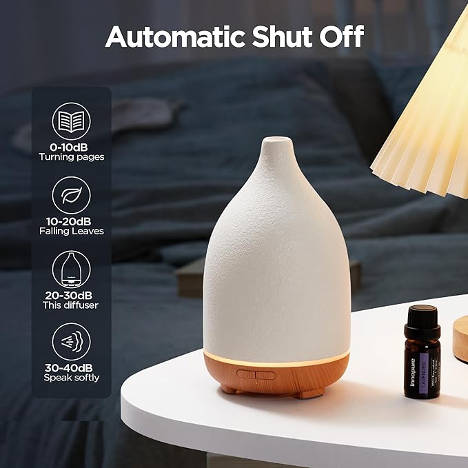 InnoGear Oil Diffuser, 150ML Ceramic Diffuser for Essential Oils Handcrafted Aromatherapy Diffuser Ultrasonic Cool Mist Humidifier with 2 Mist Modes Waterless Auto Off for Room Office, White