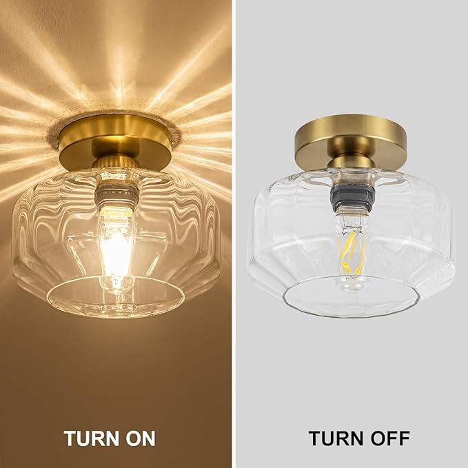 Tbaoinal Semi Flush Mount Ceiling Light with Diamond Glass Shade, 36-Faceted Panels Create Starburst Effect, 1200LM LED Bulb Included Brushed Gold Finish Ideal for Hallway Entryway Kitchen Bathroom