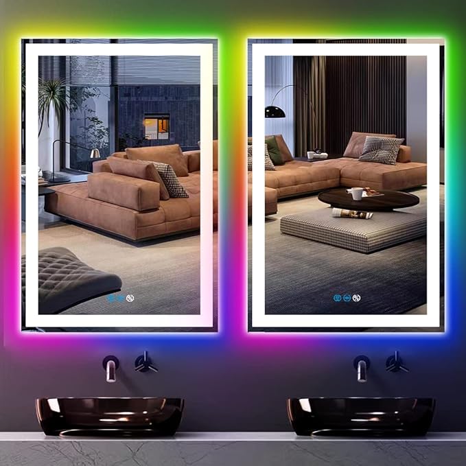 30 x 20 Inch Square LED Bathroom Mirror with Front Lights 3 Color + Rainbow RGB Backlit Light up Mirror for Bathroom Wall Mounted Lighted Vanity Mirror Anti Fog RGB 30x20 Smart Lighted Mirror