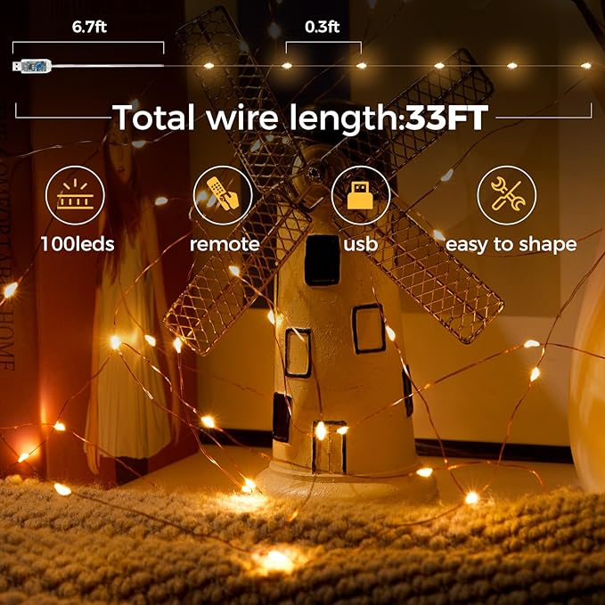 2 Pack 32. 8 ft. USB Powered Fairy Lights with Remote & Timer, 100 LED USB Twinkle String Lights - Silver Wire, 8 Modes, Waterproof, Warm White Starry Lights for Party, Wedding, Christmas