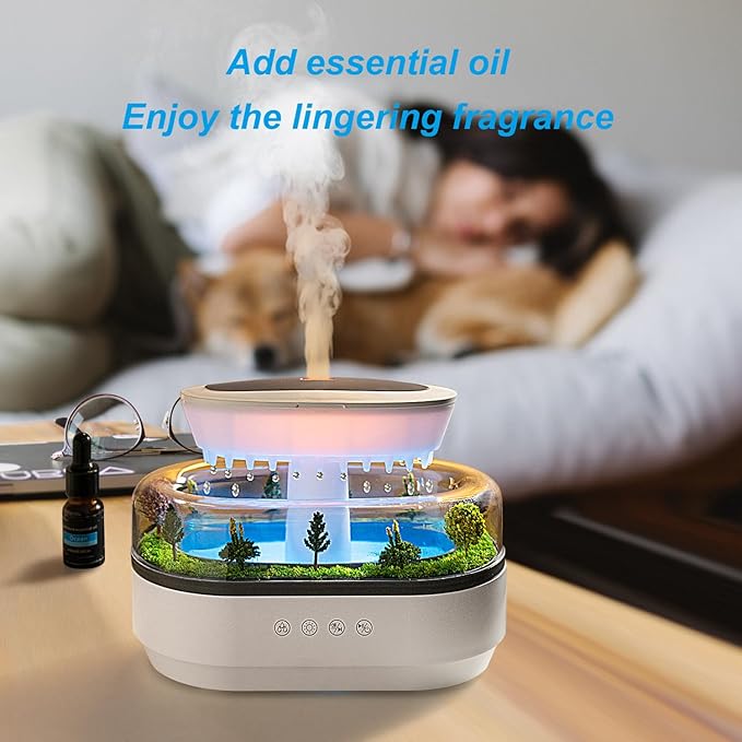 Rain Diffuser 250ML Essential Oil Diffuser, Cloud Humidifier Rain Water Drip Humidifier with Drip Music Micro Landscape Ultrasonic Diffuser for Bedroom (White)