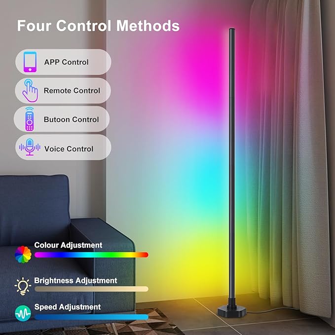 Corner Floor Lamp Set of 2, RGB LED Corner Lamp with Music Sync, Smart App and Remote Control Color Changing Ambience Light, 16 Million DIY Colors Timer Setting for Bedroom, Living Room
