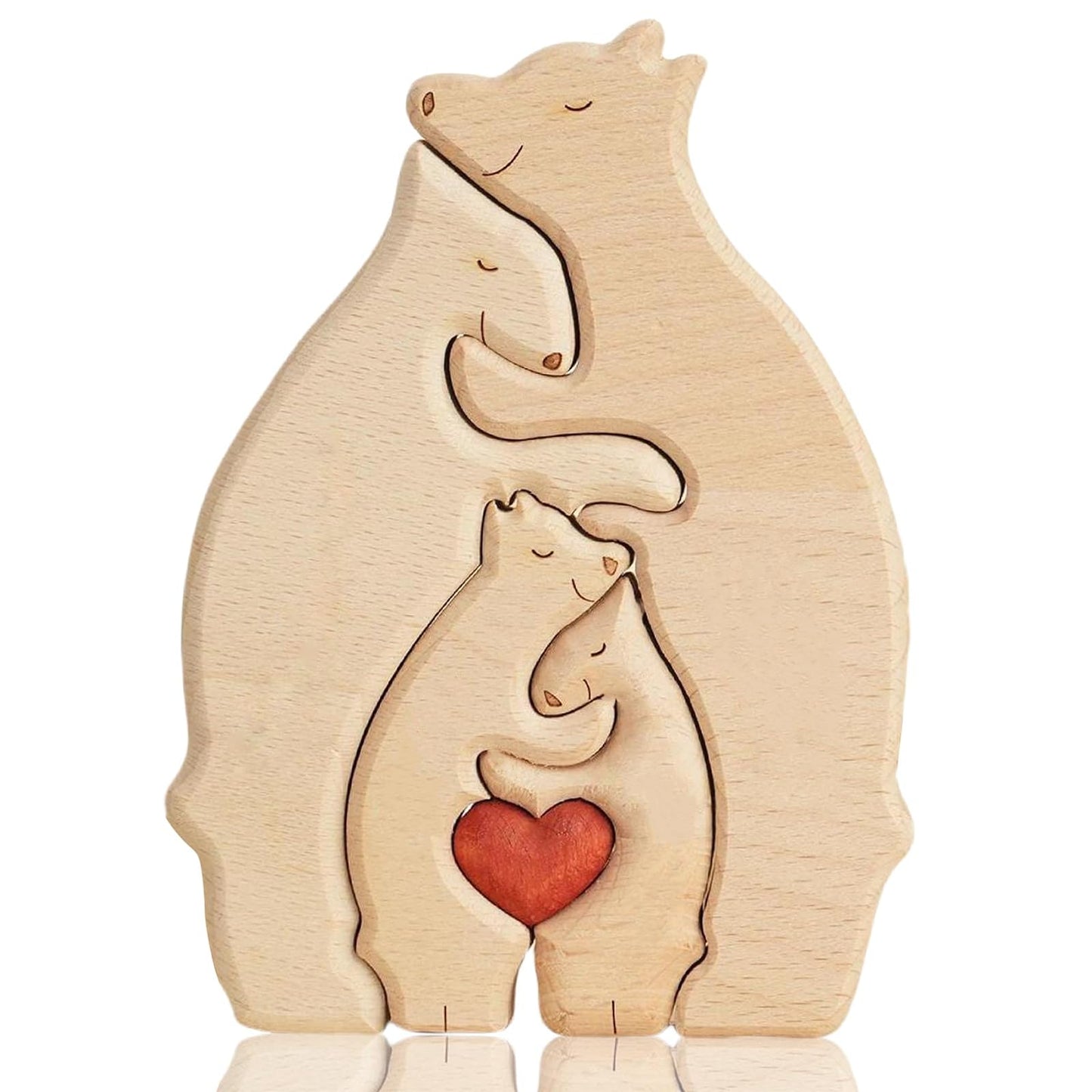 Kutiayta Beechwood Bear Family Heart Décor, Hand-Sanded Wood Sculpture with Seamless Fit, Minimalist Home Ornament for Living Room & Nursery, 4.7" × 5.9"" × 0.89"" (4)"