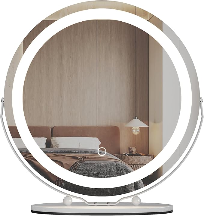 IDEALHOUSE Vanity Mirror with Lights, 19" Lighted Makeup Mirror, LED Desk Mirorr with 360° Rotation, Dimmable 3 Modes, Smart Touch Control for Bedroom or Tabletop(Round,White)