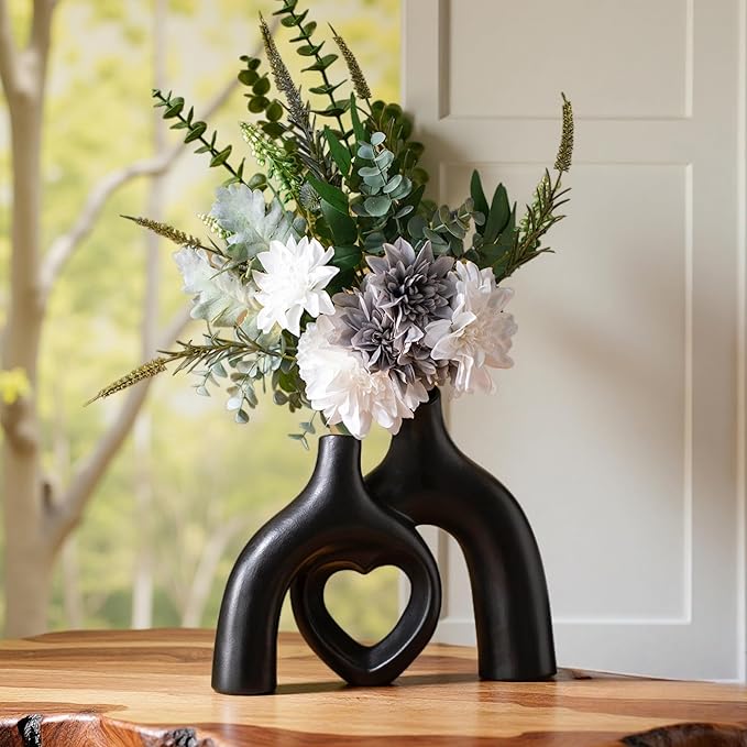 Hug Donut Ceramic Decorative Vase Set, Snuggle Hollow Modern Nordic Boho Style Vases for Home Decor Living Room Shelf Bookshelf Mantle Entryway Table Console Décor (Matte Black)