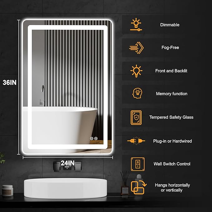 Bathroom Vanity Mirror with LED, 36" x 24" Led Bathroom Vanity Mirror with Light for Wall, IP54 Enhanced Anti-Fog, Dimmable 3 Colors, Memory Function, Backlit and Front Lit, Plug-in/Hardwired