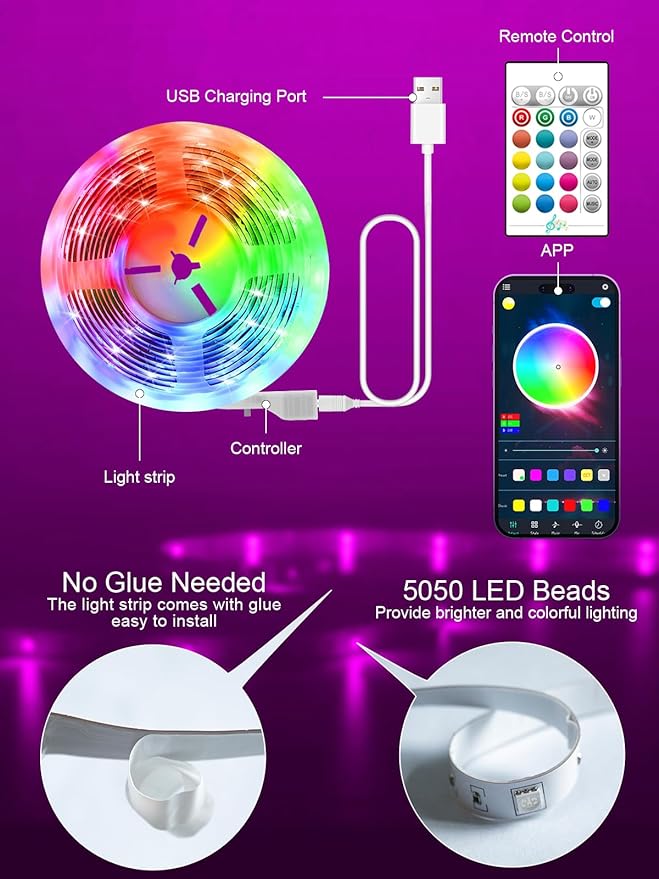 GIPOYENT LED Lights for TV, 16.4FT TV LED Backlight, for 45-75 Inch TV, Music Sync TV LED Light with Bluetooth Function - RGB Color Changing Light Strip for Bedroom (16.4ft)