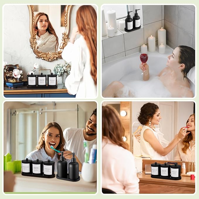 Yaomiao 5 Pack Black Frosted Glass Bathroom Accessories Set Kitchen Modern Liquid Soap Dispenser Set with Pump and Wood Tray Toothbrush Holder Cotton Swab Jars with Lids for Sink Countertop Home Decor