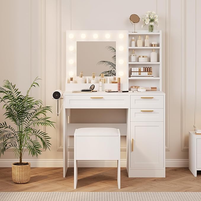 Makeup Vanity with Mirror and Lights, 37" Small Vanity Desk with Power Outlet, 3 Colors & Adjustable Brightness, White Vanity Set with 3 Drawers, Cabinet & Cushioned Chair