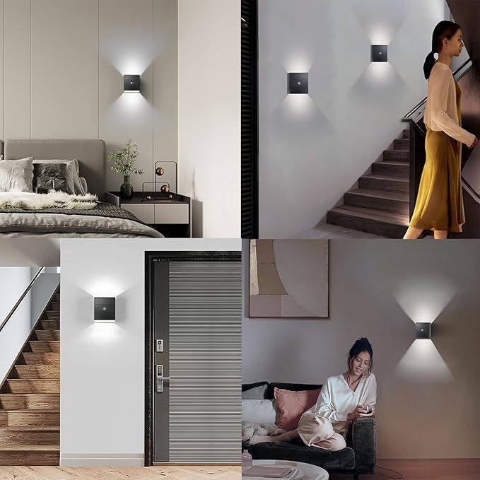 Wall Lights with Motion Sensor Indoor LED Modern Wall Lamp Brightness Adjustable Wall Sconce Recargables USB Con Batería Lighting Fixtures for Living Room Bedroom Corridor (White Light,White)